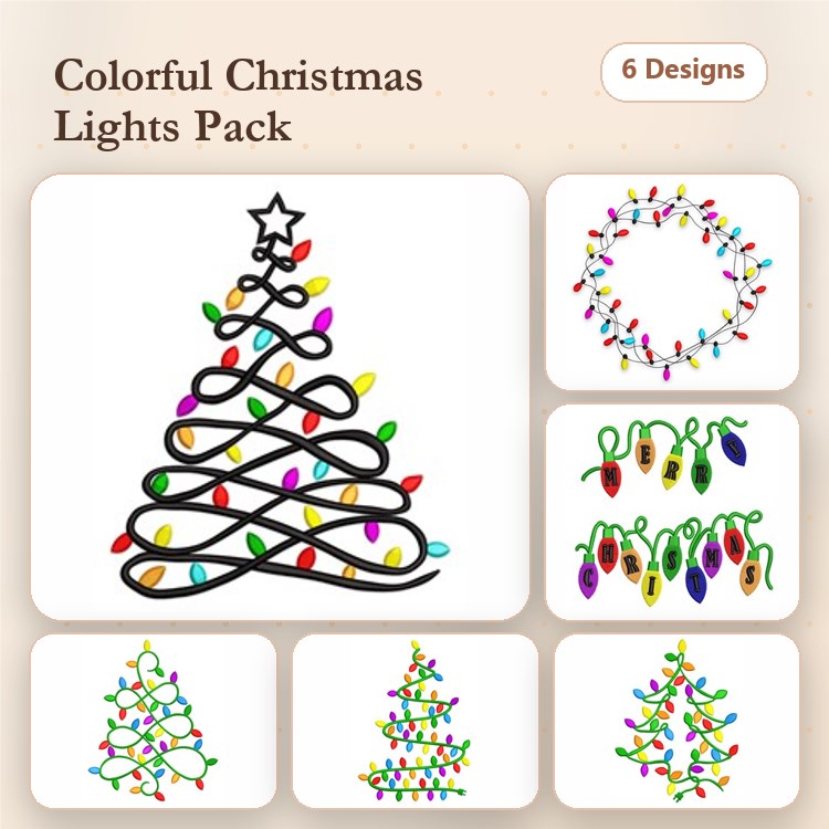 Colorful Christmas Lights Embroidery Designs Bundle – Christmas Tree with Lights, Hanging Christmas Lights & More (6 Designs)