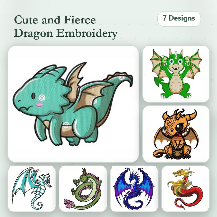 Cute & Fierce Dragon Embroidery Designs Bundle – Cute Dragon, Green Dragon, Fierce Dragon & More (7 Designs)