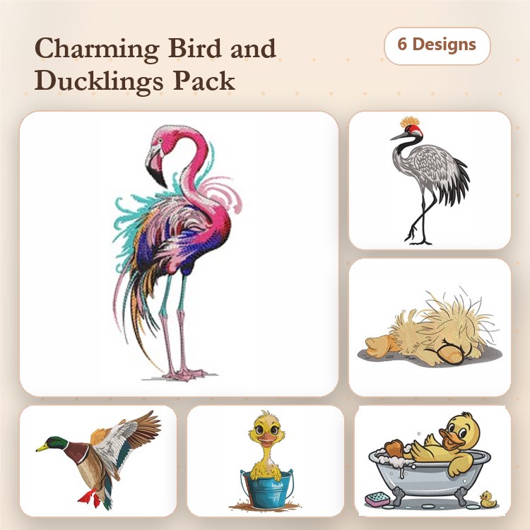 Charming Birds Embroidery Bundle – Flamingo, Cranes, Duckling & More (6 Designs)