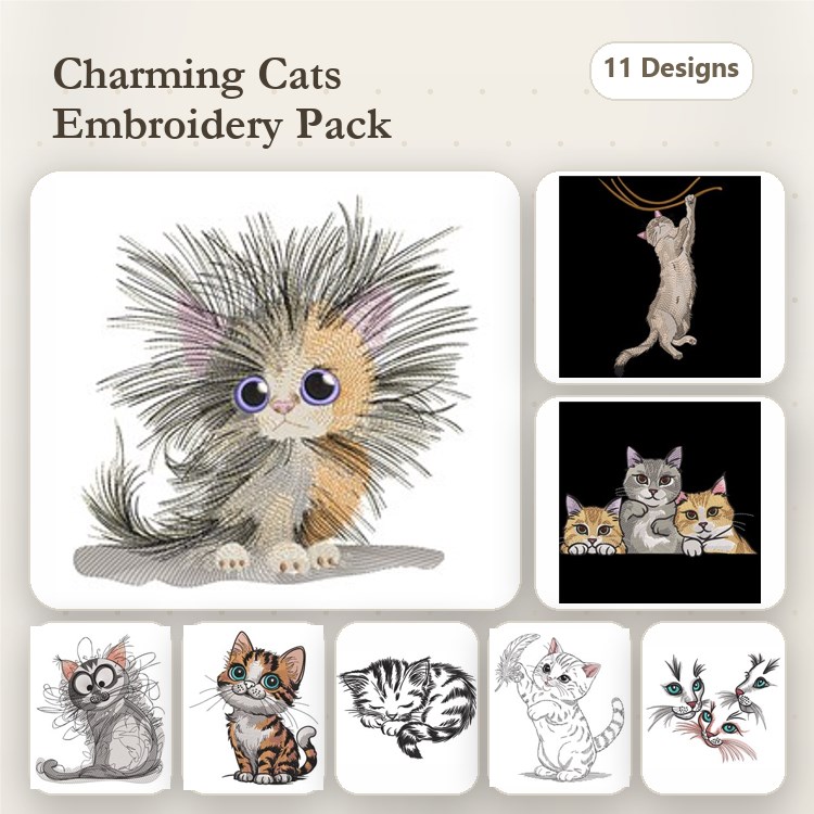 Charming Cats Embroidery Designs Bundle – Fluffy Cat Portrait, Cat Hanging from String, Group of Three Cats & More (11 Designs)
