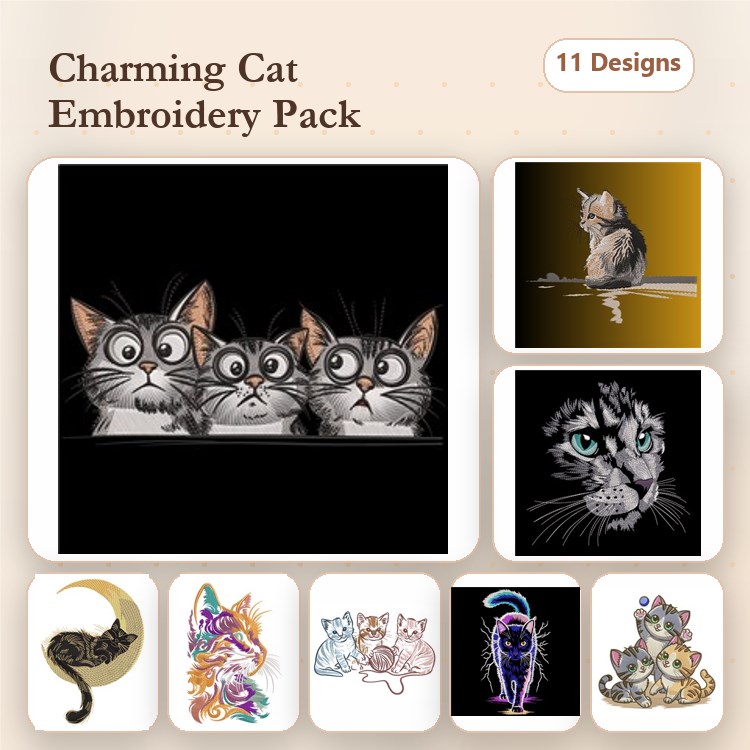 Cat-Themed Embroidery Designs Bundle – Three Cartoon Cats, Sitting Cat, Sleeping Cat & More (11 Designs)