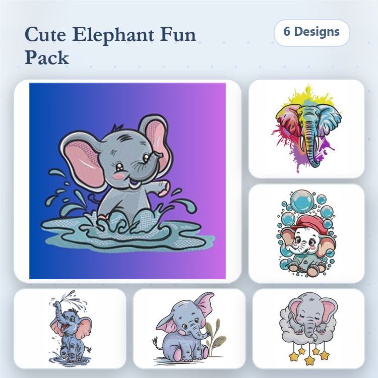 Cute Elephant Embroidery Bundle – Splashing Elephant, Colorful Elephant, Sweet Elephant & More (6 Designs)