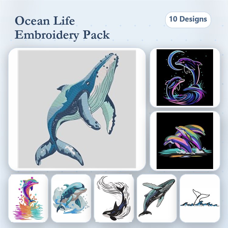 Ocean Life Embroidery Bundle – Whale, Dolphin Splash, Underwater Scene & More (10 Designs)