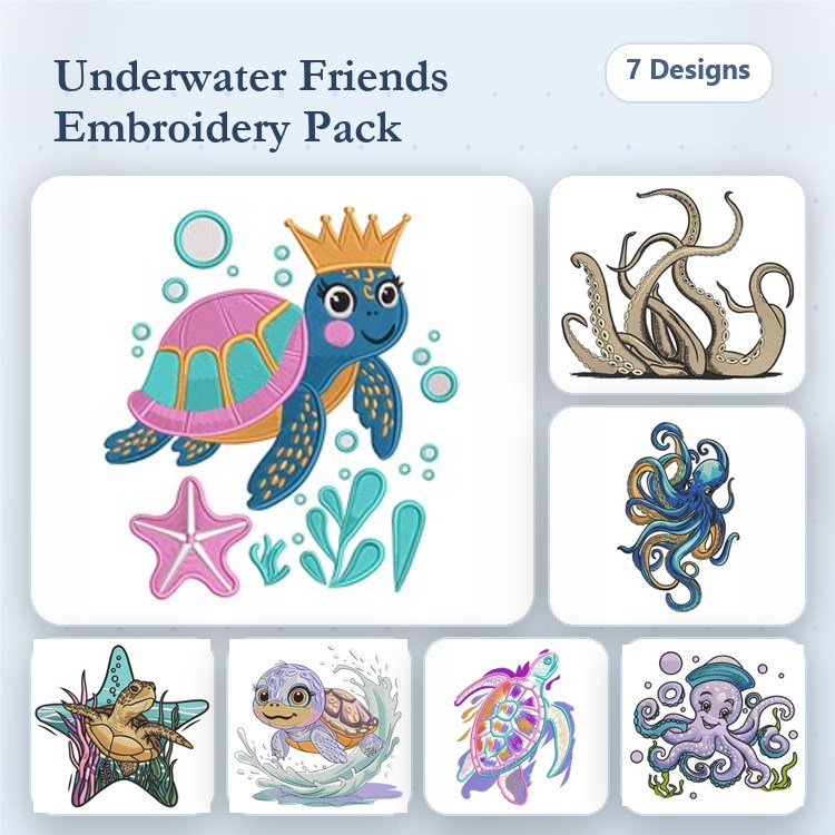 Underwater Creatures Embroidery Designs Bundle – Turtle with Crown, Octopus, Starfish & More (7 Designs)
