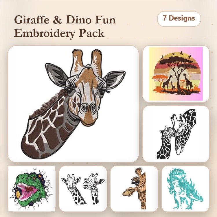 Giraffe & Dinosaur Embroidery Designs Bundle – Giraffe Head, Dinosaur Face, Cactus with Dinosaur & More (7 Designs)