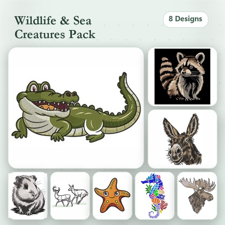 Wildlife and Sea Creatures Embroidery Designs Bundle – Alligator, Raccoon, Seahorse & More (8 Designs)