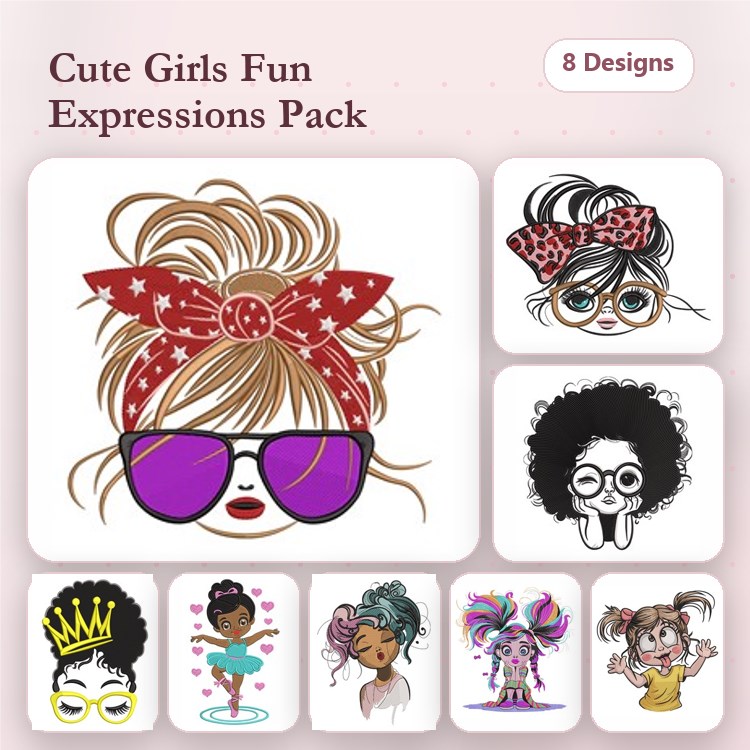 Cute Girls with Expressions Embroidery Bundle – Girl with Sunglasses and Bandana, Girl with Large Glasses, Girl with Crown and Makeup & More (8 Designs)