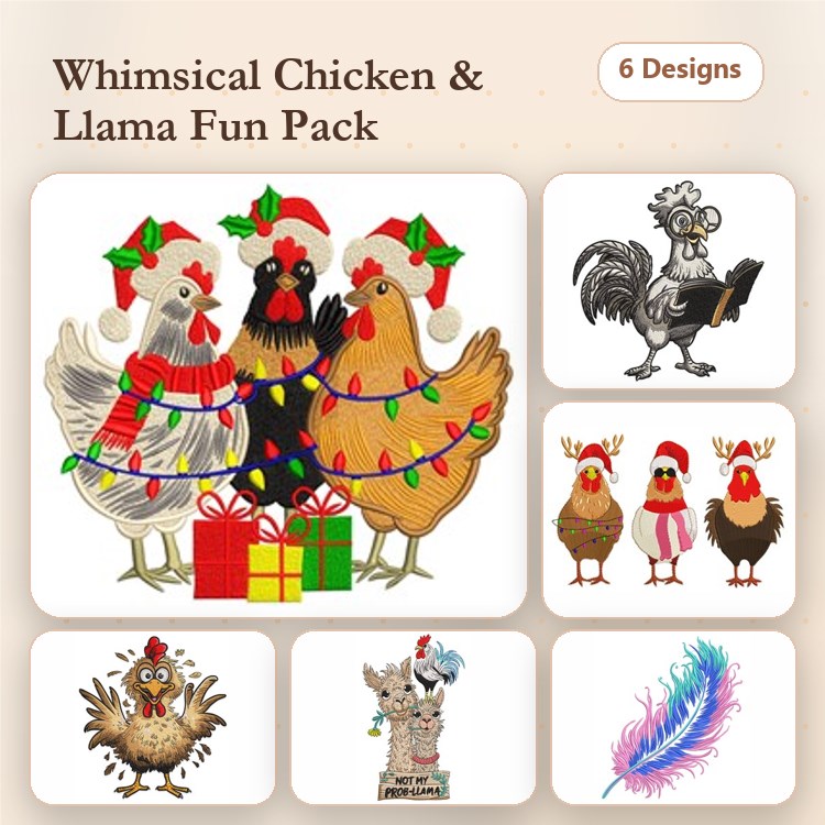 Farm Animal Embroidery Bundle – Chickens with Christmas Lights, Llama with Christmas Hat & More (6 Designs)