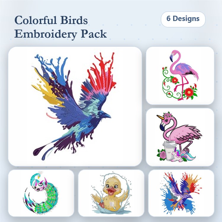 Colorful Bird Embroidery Designs Bundle – Flamingo with Flowers, Colorful Peacock, Duckling & More (6 Designs)