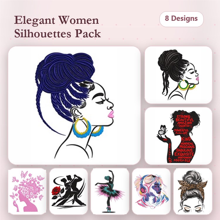 Elegant Women's Silhouettes Embroidery Designs Bundle – Woman with Bun, Profile Silhouette, Flower & More (8 Designs)