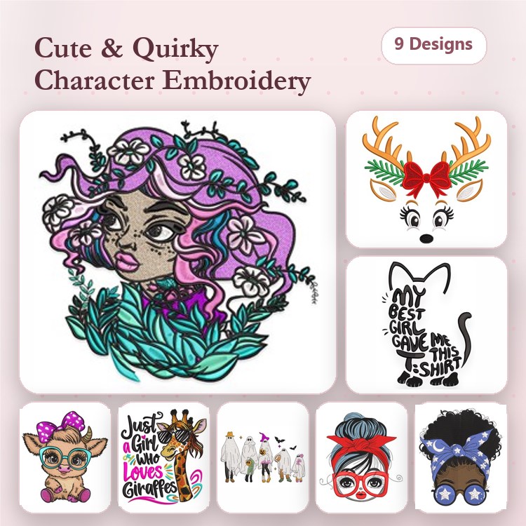 Character Designs Embroidery Designs Bundle – Girl with Floral Hair, Deer with Antlers, Cute Cat & More (9 Designs)
