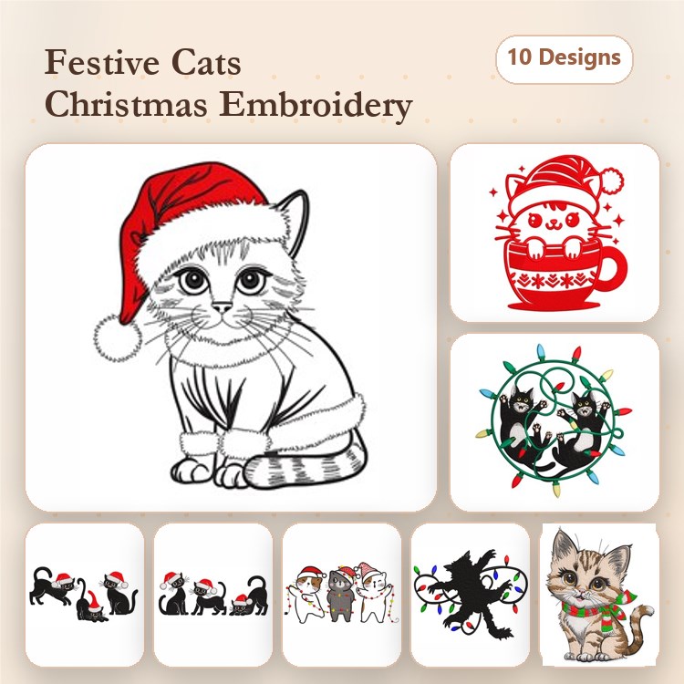 Festive Cats Embroidery Designs Bundle – Santa Cat, Cat Mug, Playful Cats & More (10 Designs)