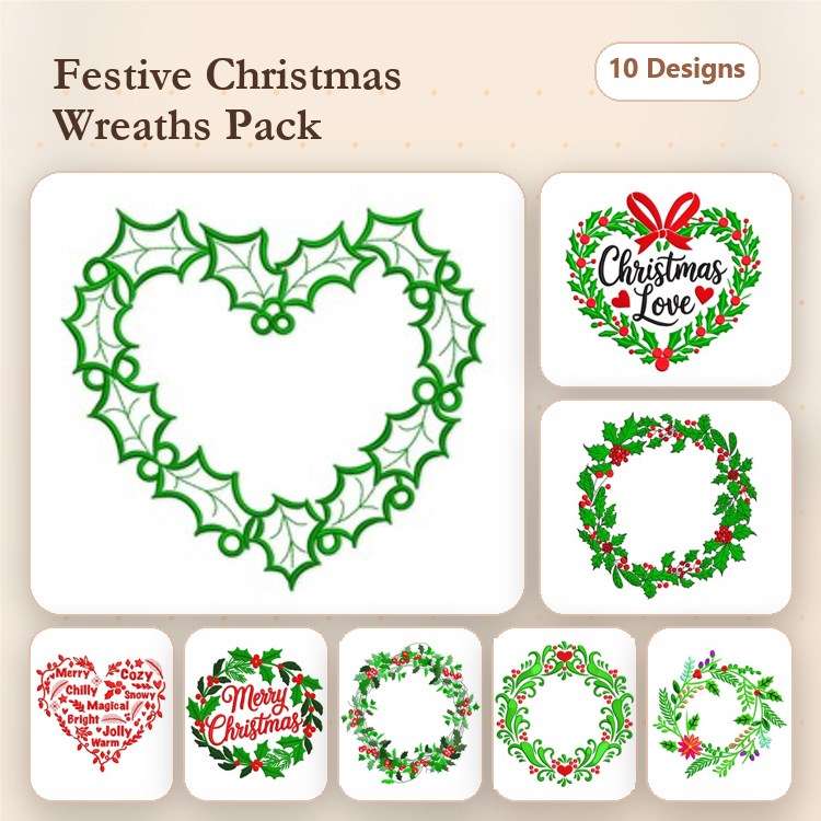 Christmas Wreaths Embroidery Designs Bundle – Holly Wreath Heart, Christmas Love Wreath, Merry Christmas Wreath & More (10 Designs)