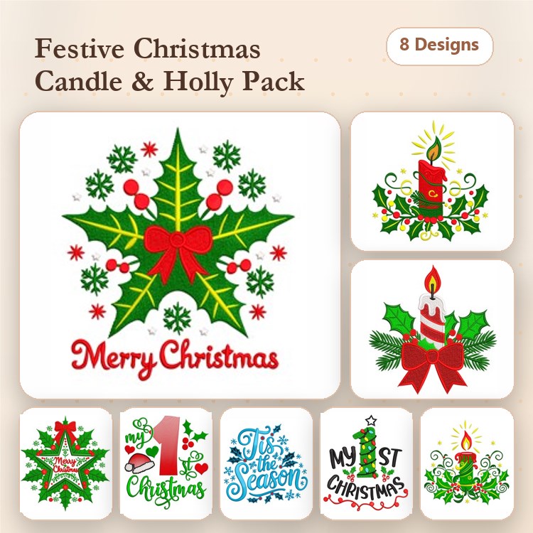 Christmas Candle & Holly Embroidery Designs Bundle – Holly and Bows, Merry Christmas, Christmas Ornament & More (8 Designs)