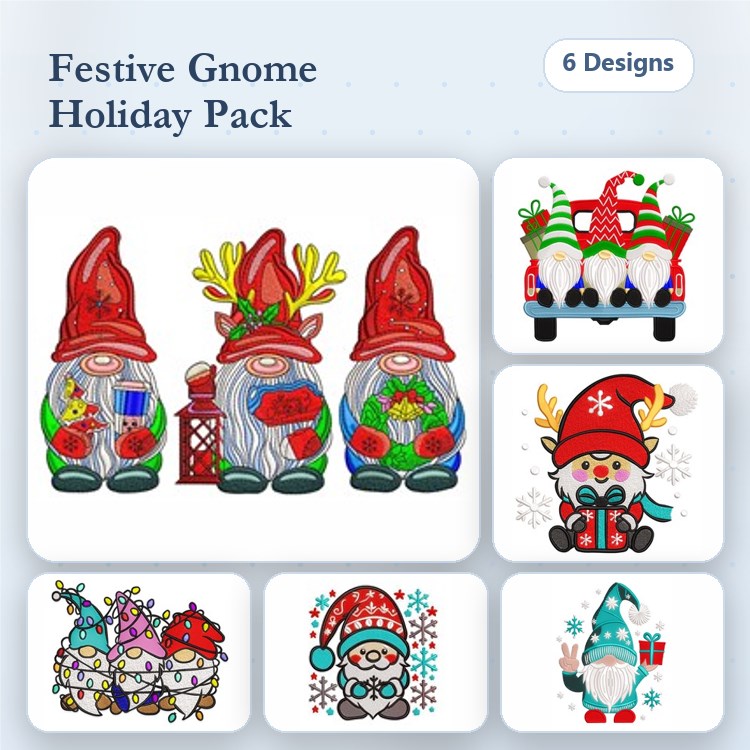 Festive Gnomes Embroidery Designs Bundle – Gnome with Lantern, Gnome with Gifts, Gnome with Snowman & More (6 Designs)