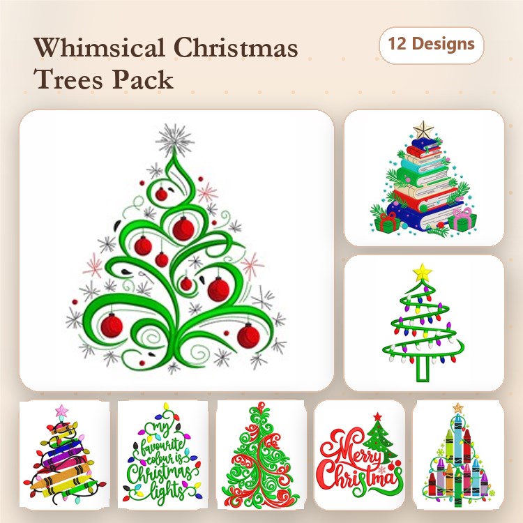 Colorful Christmas Tree Embroidery Designs Bundle – Colorful Tree, Stacked Books Tree, Merry Christmas Typography & More (12 Designs)