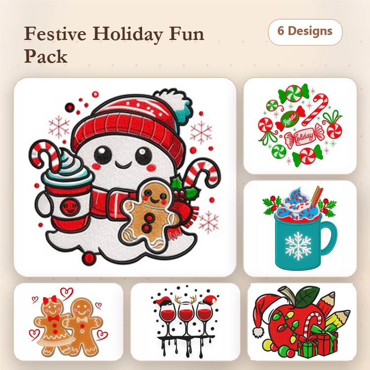 Festive Holiday Embroidery Bundle – Ghost with Gingerbread Cookie, Gingerbread Family, Christmas Drink Mug & More (6 Designs)