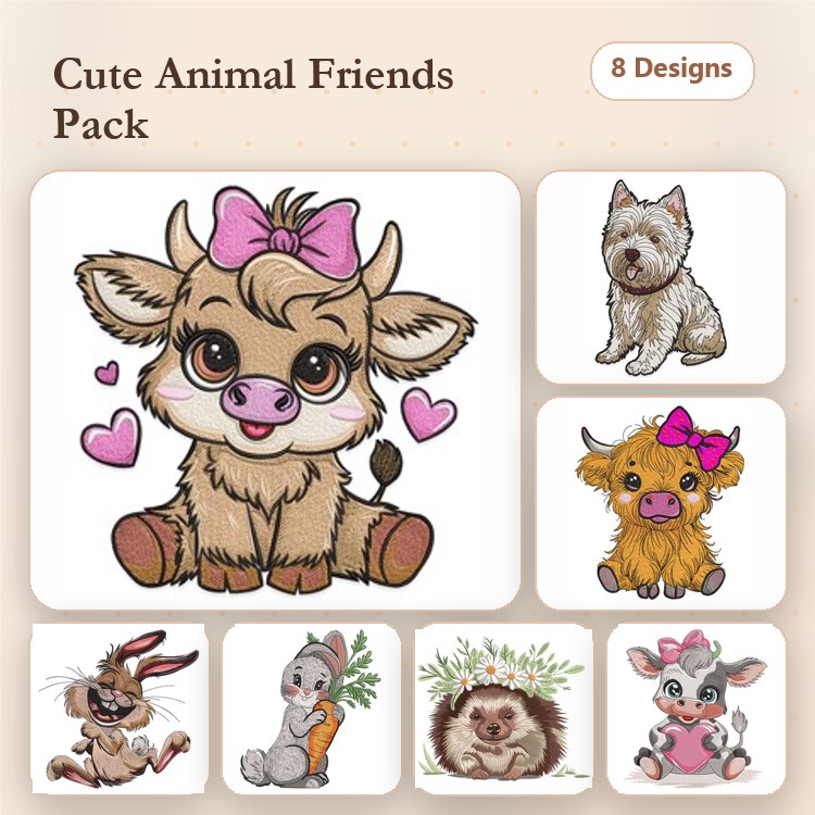 Cute Animal Embroidery Designs Bundle – Baby Cow with Bow, Fluffy Highland Cow, Happy Terrier & More (8 Designs)