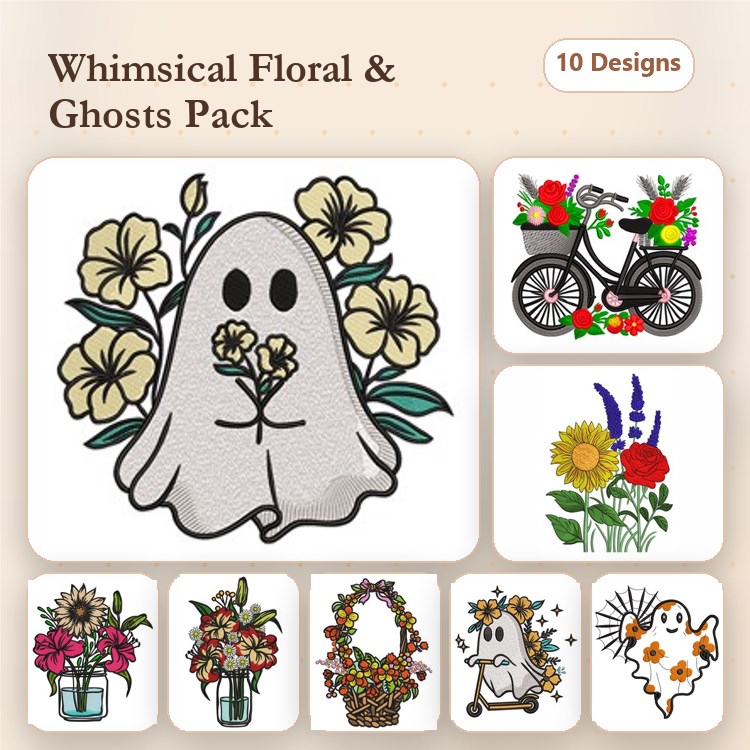 Ghost & Floral Embroidery Designs Bundle – Ghost with Flowers, Bicycle with Flowers, Floral Arrangement & More (10 Designs)