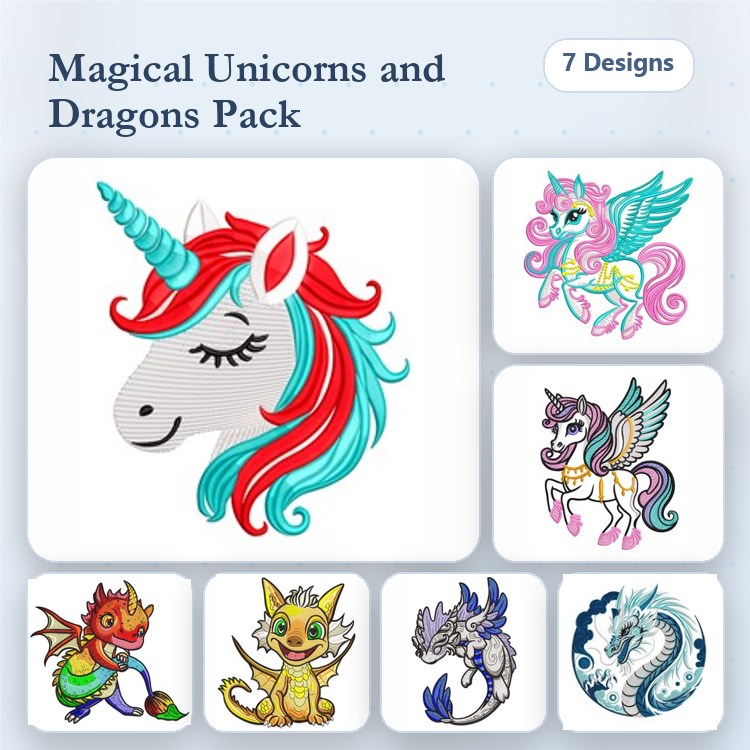 Unicorns & Dragons Embroidery Designs Bundle – Unicorn Head, Rainbow Unicorn, Fire-Breathing Dragon, Pegasus Unicorn & More (7 Designs)