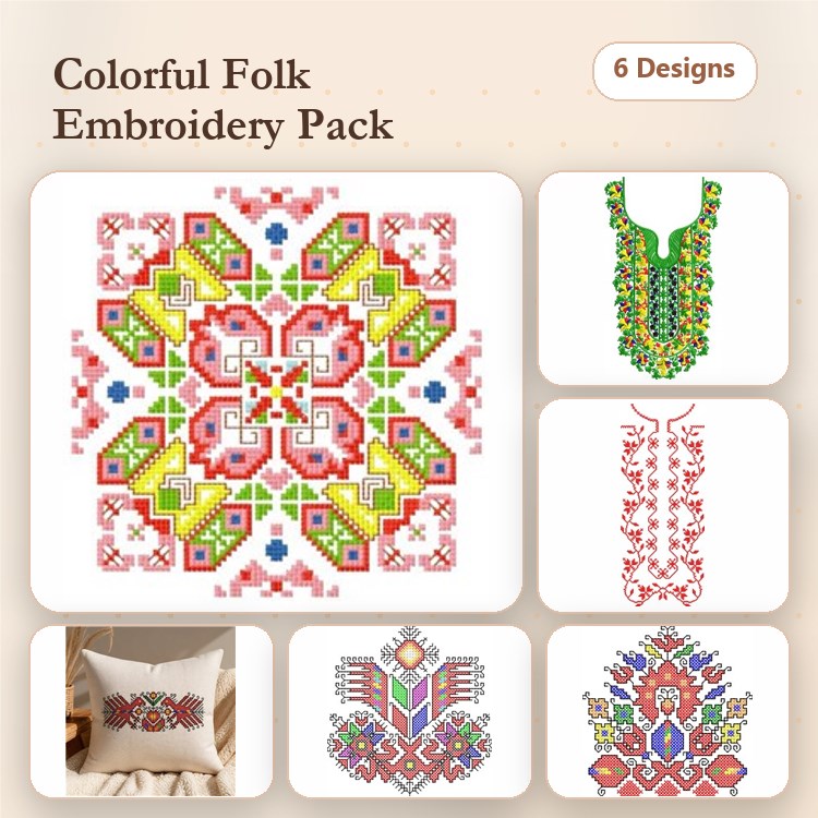 Colorful Folk Patterns Embroidery Designs Bundle – Folk Floral Pattern, Folk Neckline Design, & More (6 Designs)