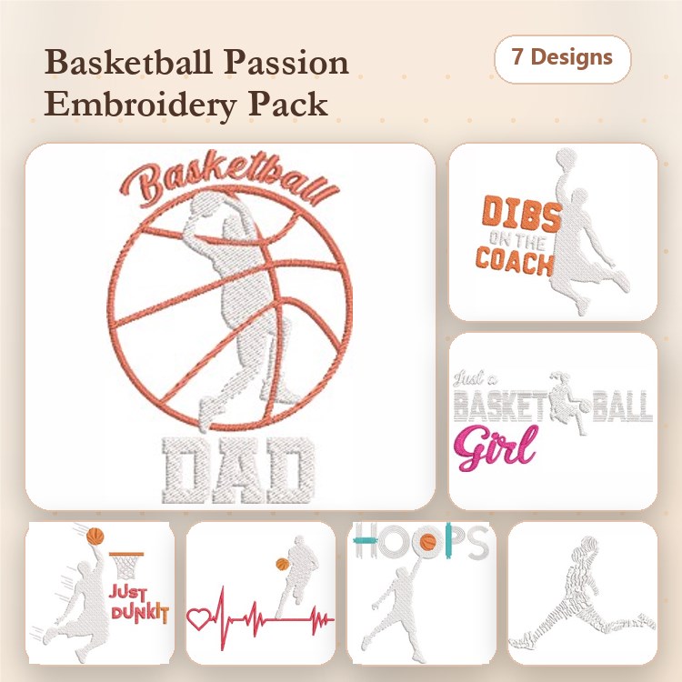 Basketball Embroidery Designs Bundle – Basketball Dad, Dibs on the Coach, Basketball Girl & More (7 Designs)