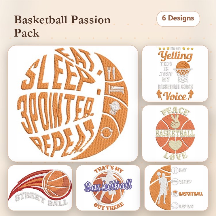 Basketball Embroidery Designs Bundle – Sleep, 3 Pointers, Repeat, Yelling is Just My Basketball Voice & More (6 Designs)