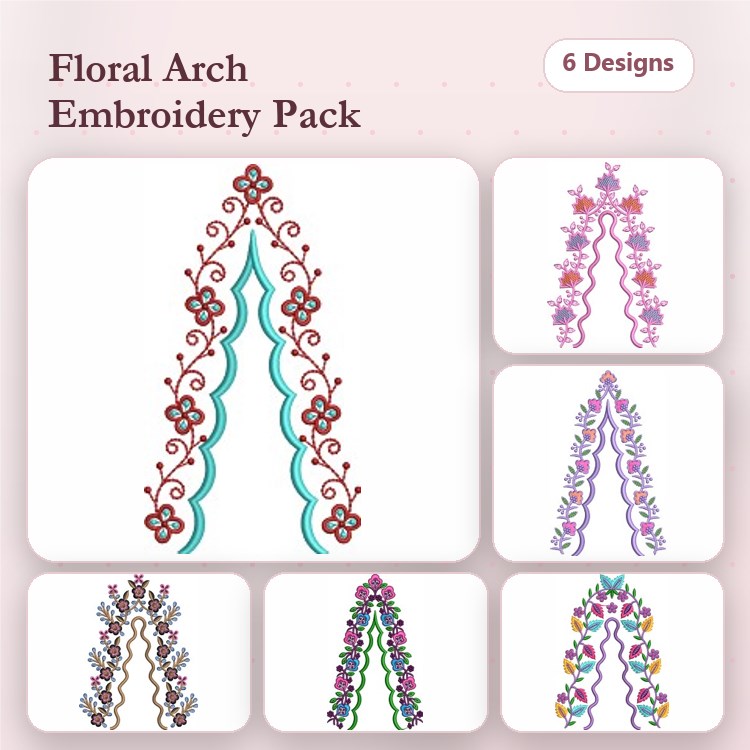 Floral Arch Embroidery Designs Bundle – Pink Flowers, Blue Accents, Purple Flowers & More (6 Designs)