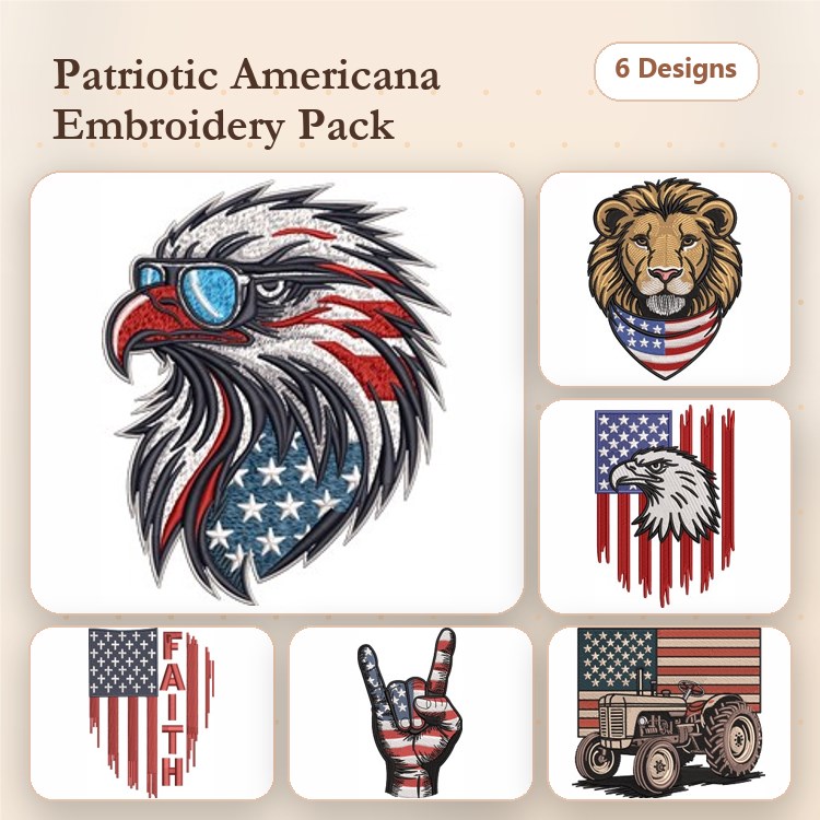Patriotic Americana Embroidery Bundle – Eagle with Sunglasses, Lion with American Flag, Faith Shield & More (6 Designs)