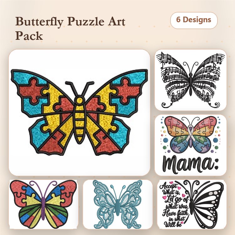 Colorful Butterfly Embroidery Designs Bundle – Large Colorful Butterfly Puzzle, Floral Butterfly with 'Mama' Text, & More (6 Designs)