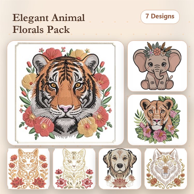 Animals with Floral Accents Embroidery Designs Bundle – Tiger, Elephant, Lion, Cat & More (7 Designs)