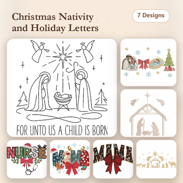 Christmas Nativity and Holiday Letters Embroidery Designs Bundle – Nativity Scene, Holiday Bow, Nurse & More (7 Designs)