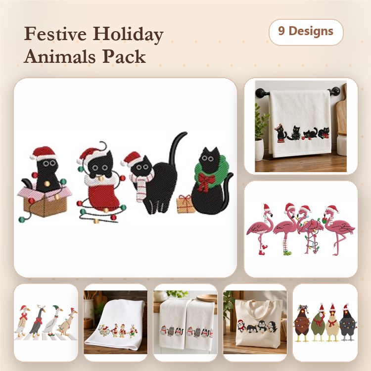 Animal Christmas Embroidery Bundle – Festive Designs (9 Designs)