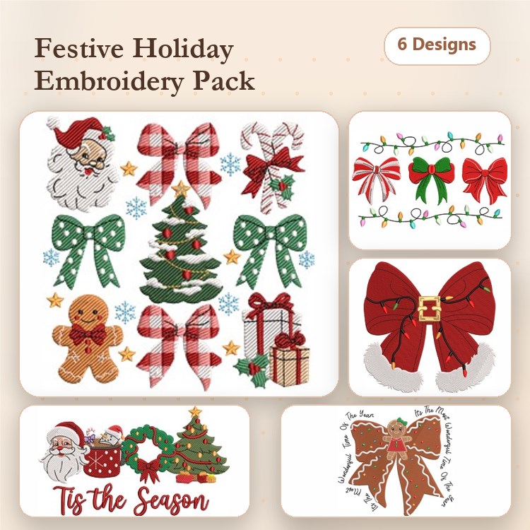 Santa Claus & Gingerbread Man Christmas Embroidery Designs Bundle – Christmas Tree, Holiday Wreath, Wrapped Gift & More (6 Designs)