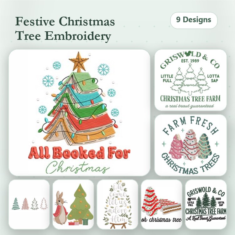 Christmas Tree Embroidery Designs Bundle – All Booked For Christmas, Farm Fresh Christmas Trees, & More (9 Designs)