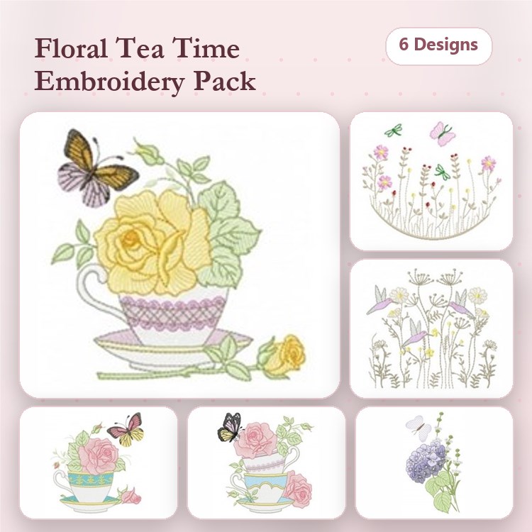 Floral and Tea Time Embroidery Designs Bundle – Teacup with Flowers, Butterfly & More (6 Designs)