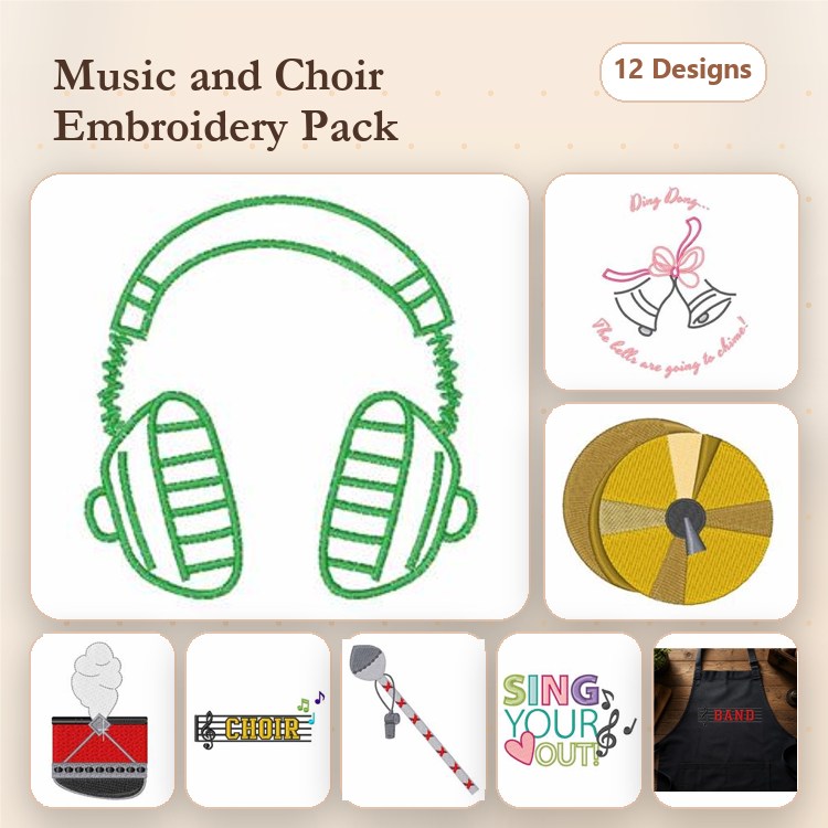 Music Themed Embroidery Designs Bundle – Headphones, Singing Microphone, Choir Bell & More (12 Designs)