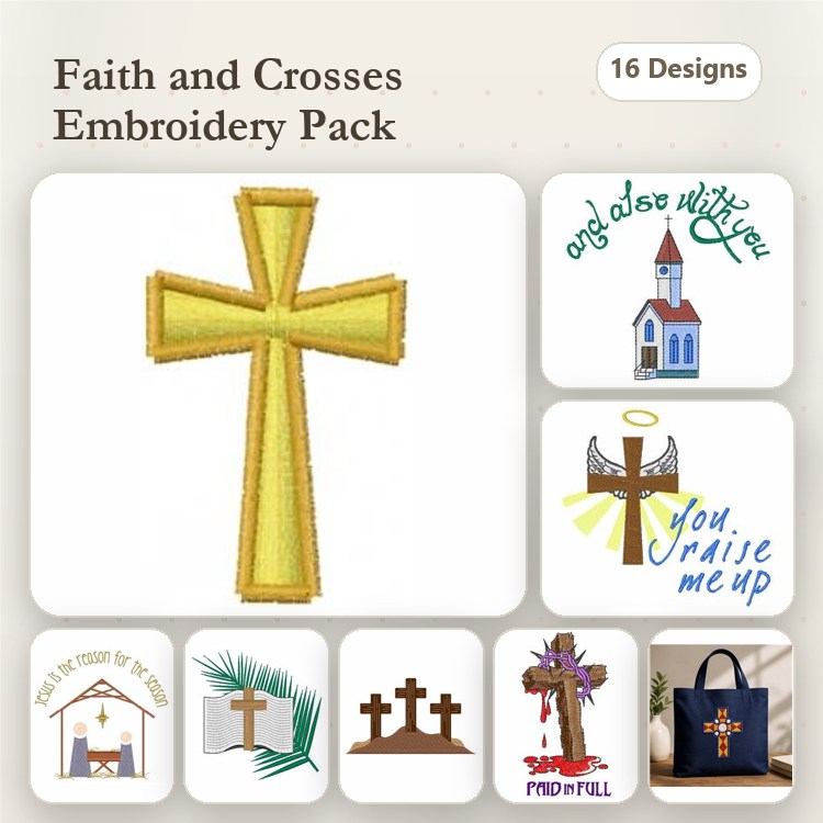 Faith & Crosses Embroidery Bundle – Cross, Church, Bible Verse & More (16 Designs)