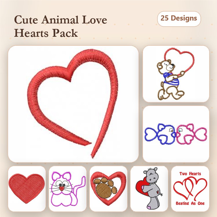 Animal Themed Hearts Embroidery Bundle – Heart with Paw Print, Heart with Bear, Heart with Cat & More (25 Designs)