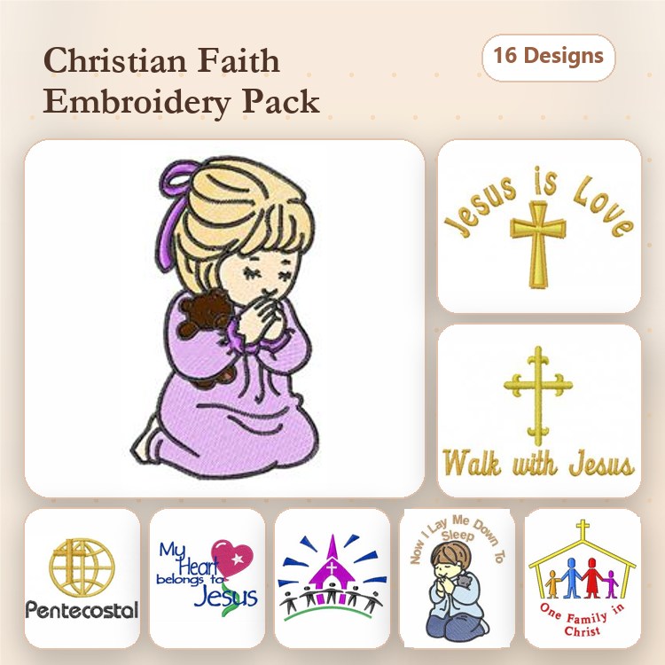 Christian Faith Embroidery Designs Bundle – Praying Girl with Doll, Jesus is Love, Walk with Jesus & More (16 Designs)