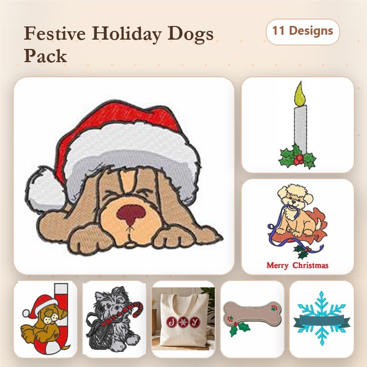 Christmas Dog Embroidery Bundle – Holiday Designs (11 Designs)