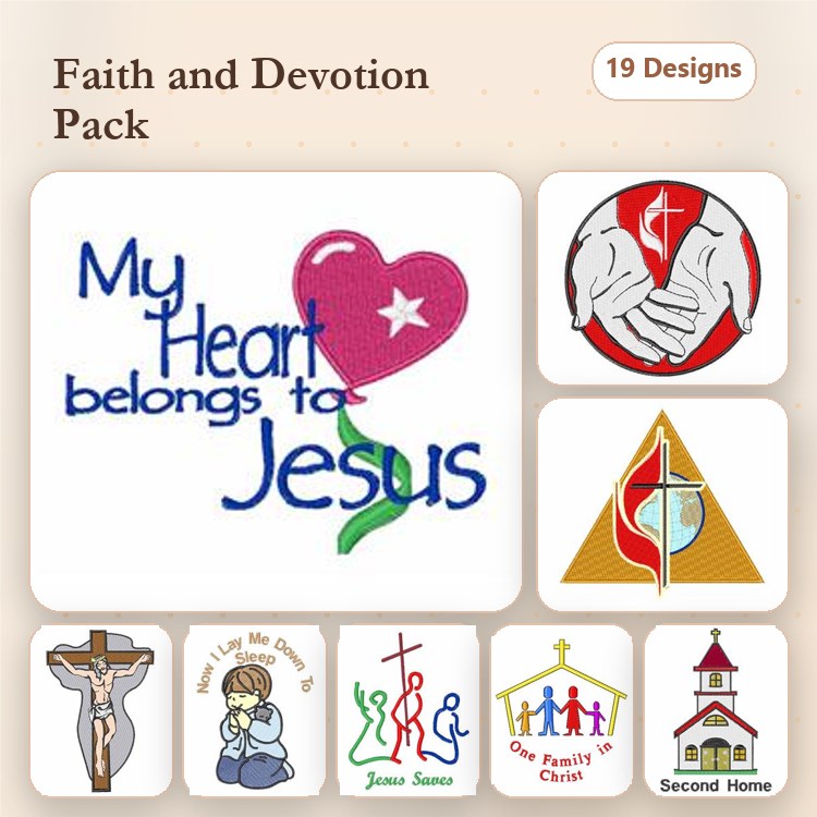 Faith and Devotion Embroidery Designs Bundle – My Heart Belongs to Jesus, Christian Cross with Heart, Jesus Saves & More (19 Designs)