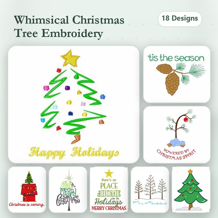Christmas Tree Embroidery Designs Bundle – Whimsical Christmas Tree, Christmas is Coming, Cedar Cone & More (18 Designs)
