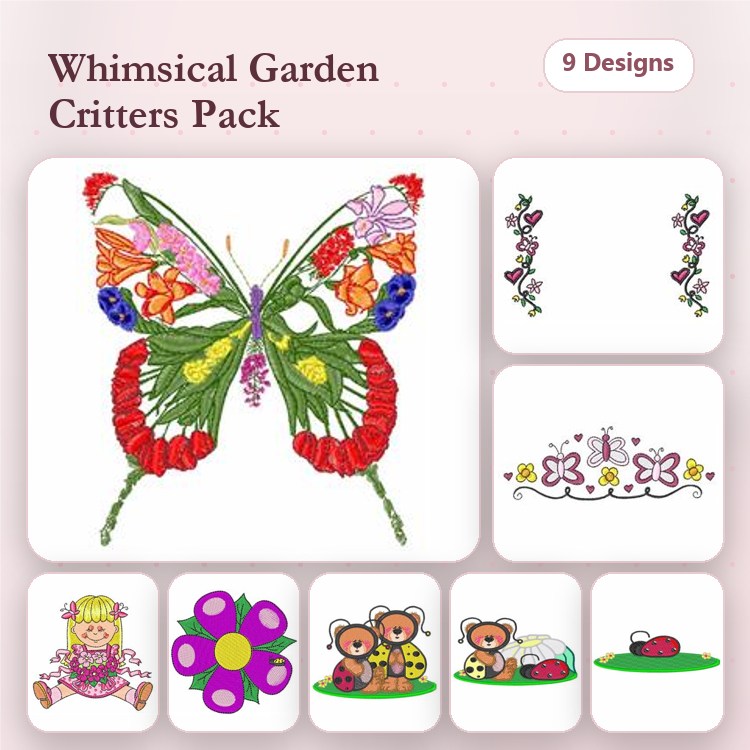 Garden Critters Embroidery Designs Bundle – Butterfly with Flowers, Ladybug Pair, Bee with Flower & More (9 Designs)