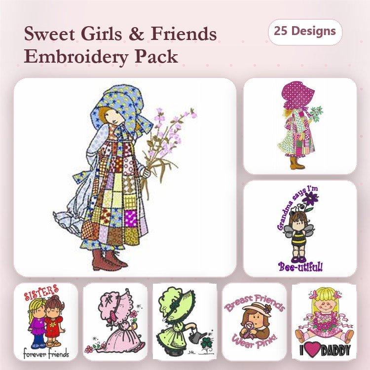 Sweet Girls Embroidery Designs Bundle – Patchwork Girl, Little Princess, Best Friends Superstars & More (25 Designs)