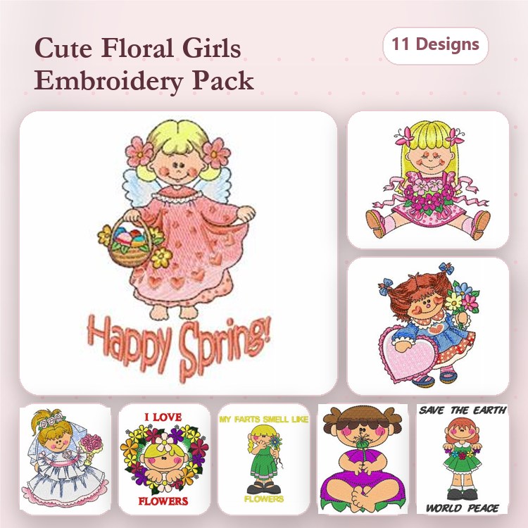 Cute Floral Girls Embroidery Designs Bundle – Happy Spring Girl, Floral Girl with Basket, Heart Floral Girl & More (11 Designs)