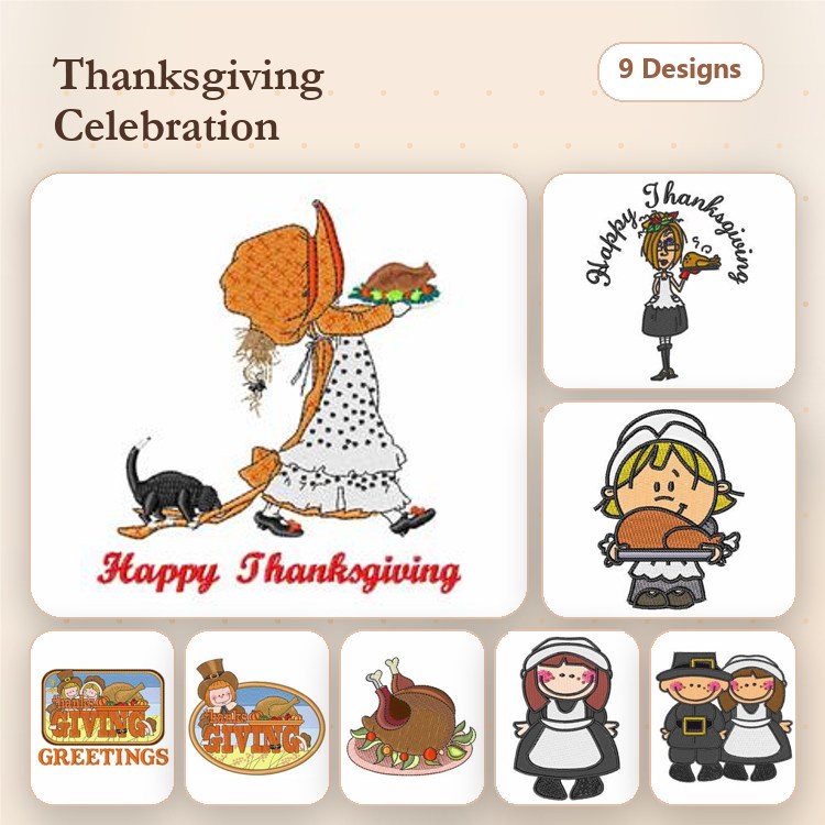 Thanksgiving Celebration Embroidery Designs Bundle – Thanksgiving Girl with Pie, Thanksgiving Turkey, Pilgrim Characters & More (9 Designs)
