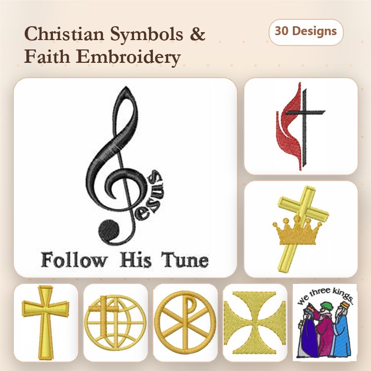 Christian Symbols & Faith Motifs Embroidery Bundle – Jesus Music Note, Cross with Flames, Crown Cross & More (30 Designs)