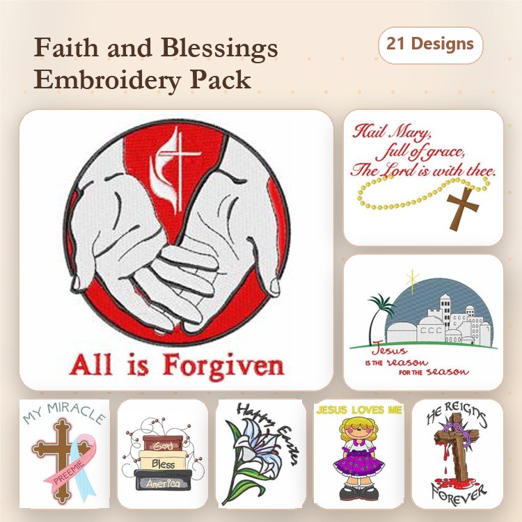 Faith & Blessings Embroidery Designs Bundle – Praying Hands, Christian Cross, Jesus Loves Me & More (21 Designs)