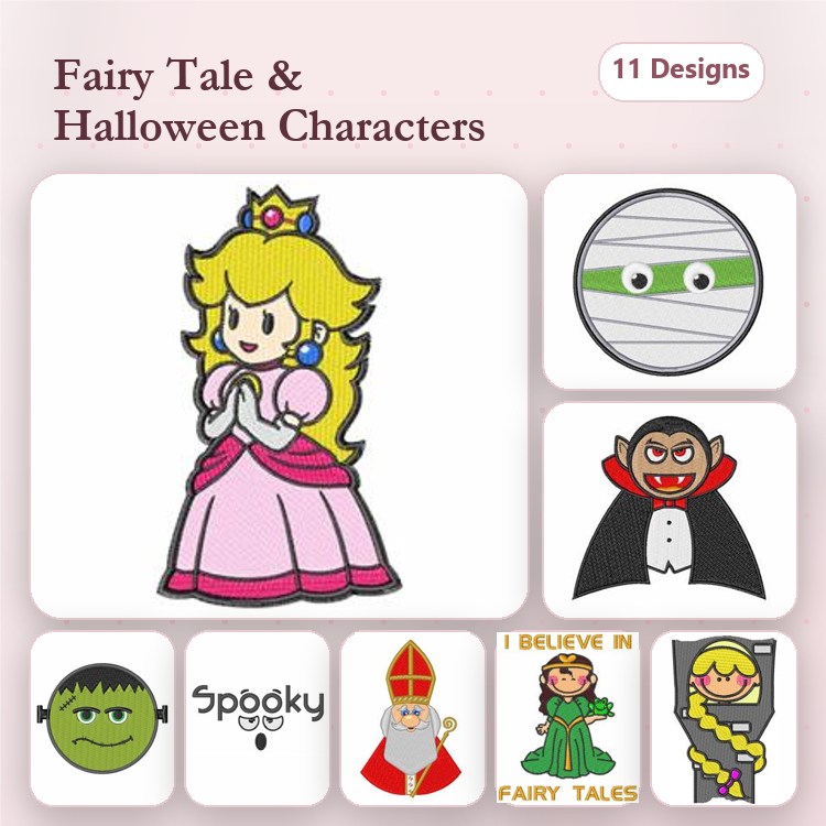 Fairy Tale & Halloween Characters Embroidery Designs Bundle – Princess, Vampire, Frankenstein & More (11 Designs)